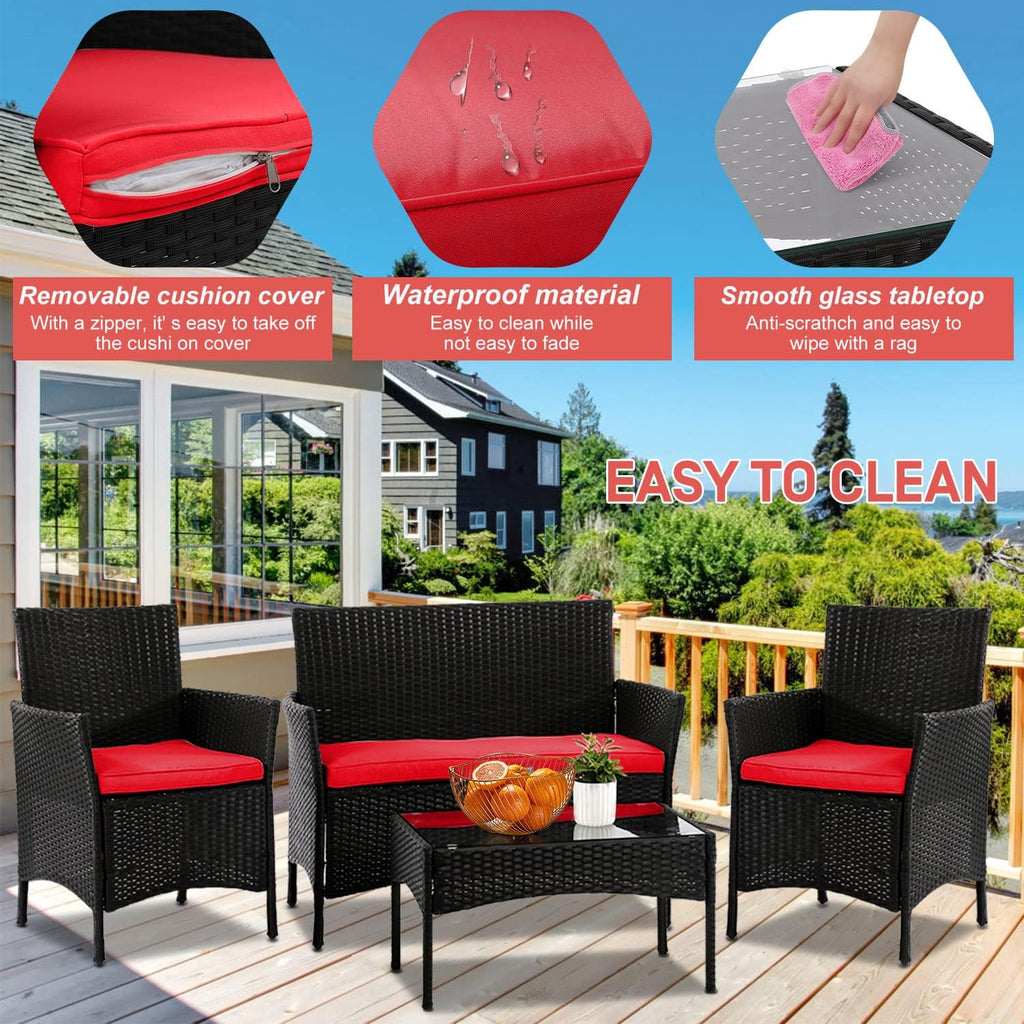 4 Pieces Patio Furniture Set Conversation Chairs, Outdoor Wicker Patio Set with Table Patio Seating Rattan Patio Sofa for Balcony Backyard Front Porch Decor Set with Cushion Seat, Blue