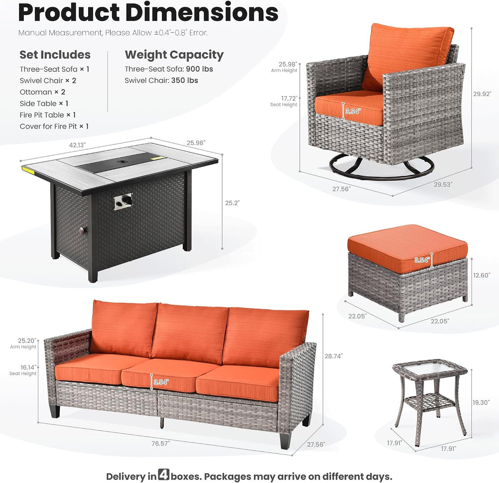 ovios 7 Pieces Patio Furniture Set with 42' Fire Pit Table, Outdoor Wicker Sofa with Swivel Chairs, All Weather High Back Rattan Couch Conversation Set, Orange Red