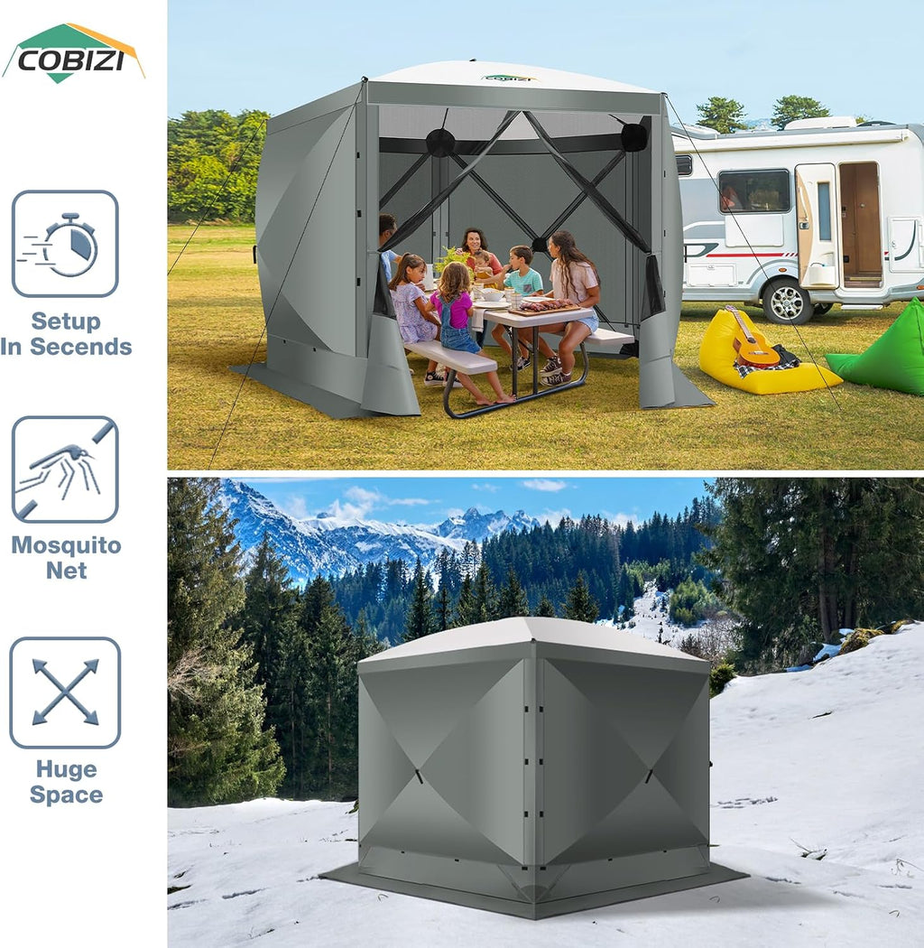 COBIZI Pop Up Gazebo Screen Tent Screen House for Camping, 10x10 Screen Room with Mosquito Netting, Hub Tent Instant Screened Canopy with Carrying Bag and Ground Stakes, Gray
