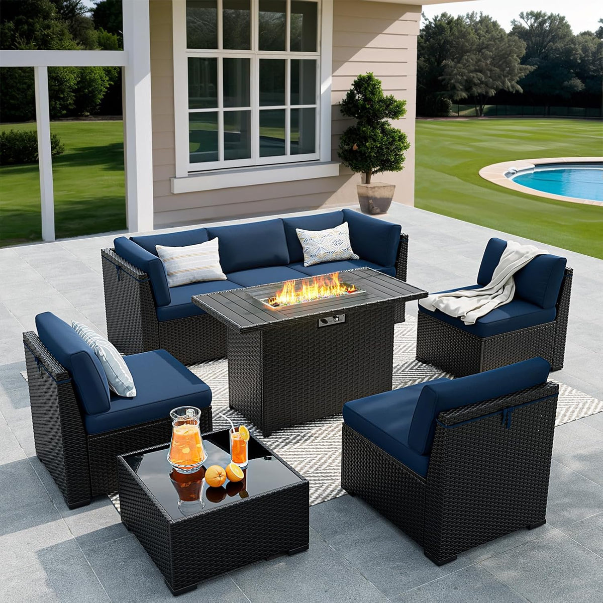 8 Pieces Outdoor Patio Furniture Set with 44' Fire Pit Table Black Rattan Sectional Conversation Sets w/Gas Fire Pit, Coffee Table, 1 Waterproof Covers, Navy Blue