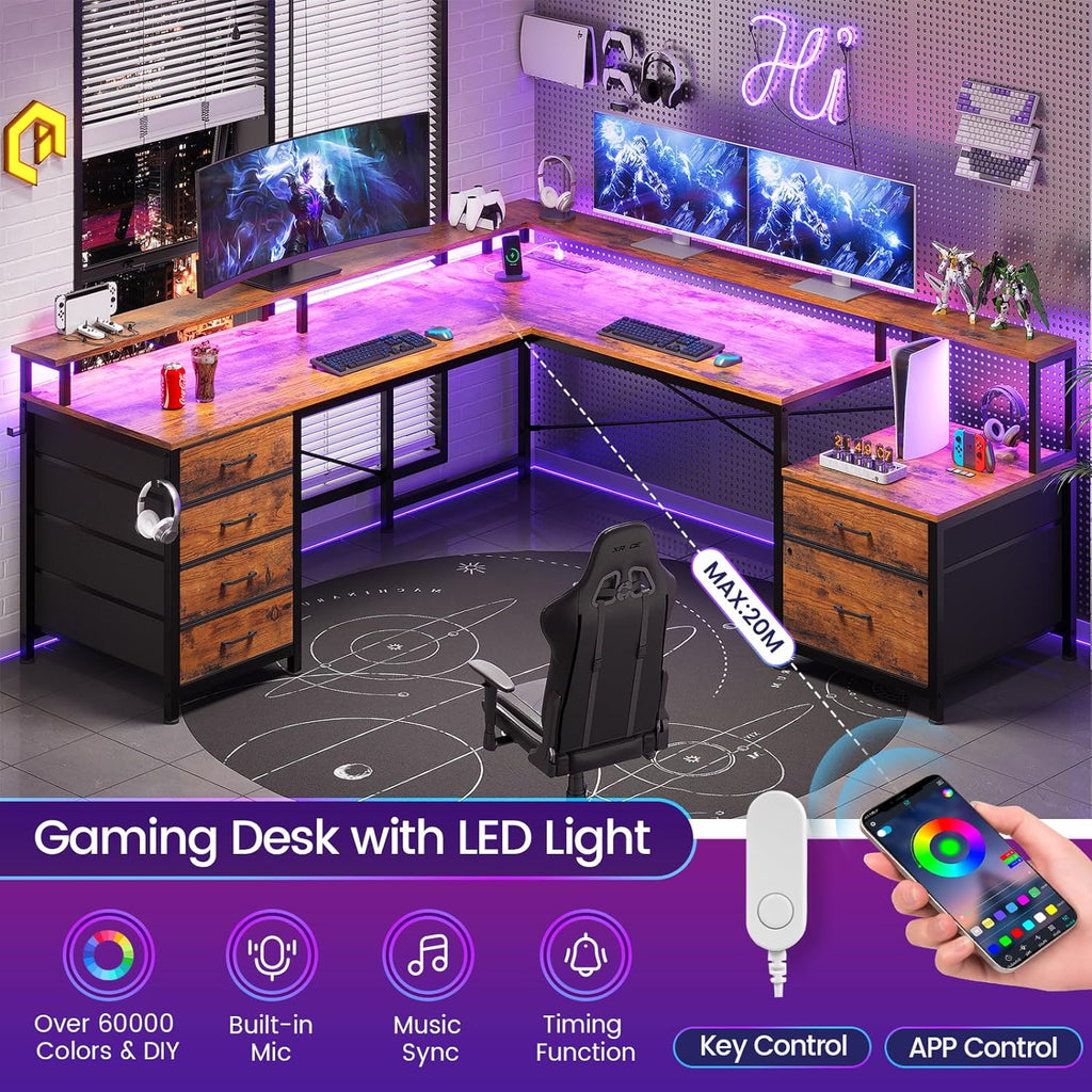 SEDETA L Shaped Desk with 6 Drawer, 108' Home Office Desk with File Drawer & Power Outlet, Corner Computer Desk with Monitor Shelf, Two Person Desk, Gaming Desk with Led Lights, Rustic Brown