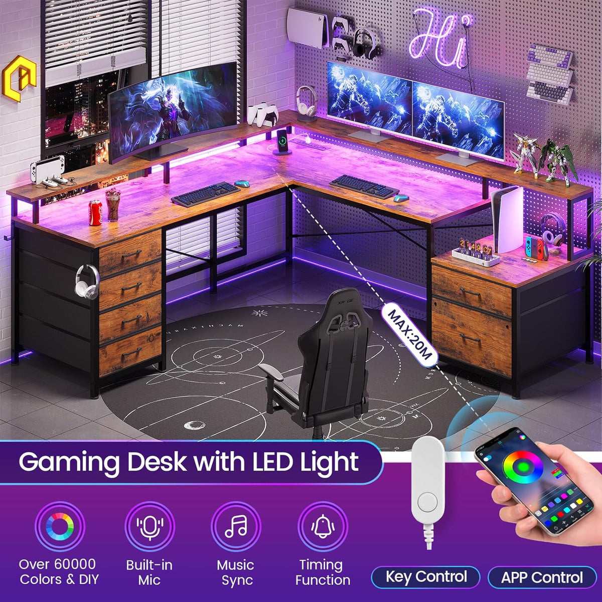 SEDETA L Shaped Desk with 6 Drawer, 108' Home Office Desk with File Drawer & Power Outlet, Corner Computer Desk with Monitor Shelf, Two Person Desk, Gaming Desk with Led Lights, Rustic Brown
