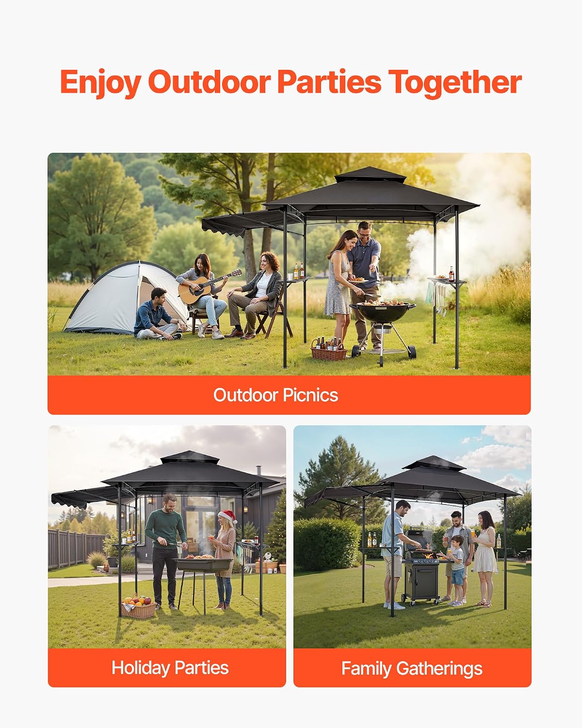 VEVOR Grill Gazebo, 8 x 5 ft Double-Tiered Top, BBQ Gazebo with Extra Awning, Powder-Coated Steel Patio Grill Shelter with 2 Side Shelves, Bottle Opener & Hooks, Outdoor Grilling Canopy for Garden