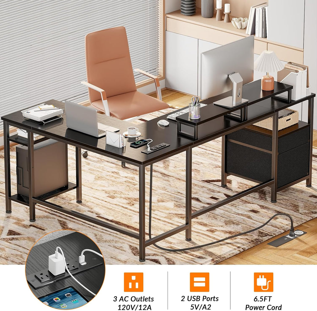 Furologee 66' L Shaped Desk with Power Outlet, Reversible Computer Gaming Desk with File Drawer & 2 Monitor Stands for Home Office with Storage Shelves, Black