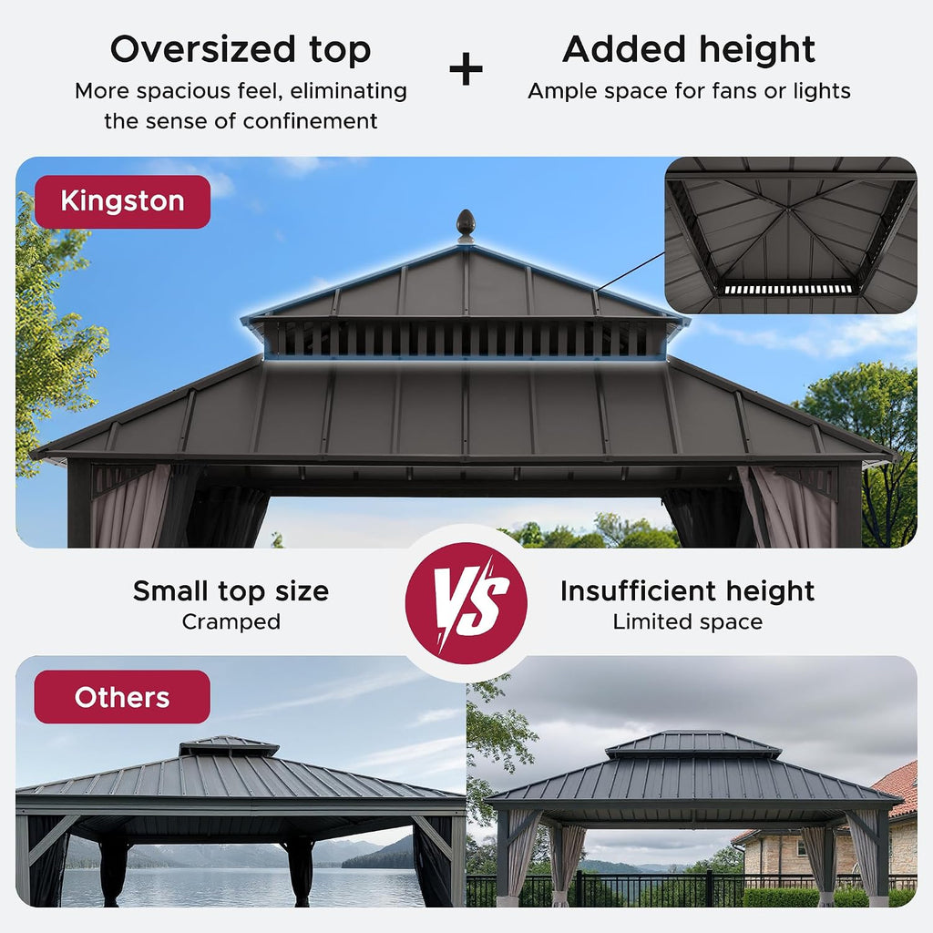 SUNJOY Kingston 12' x 12' Hardtop Gazebo with Galvanized Steel Double Roof, Curtain and Netting, Brown Aluminum Posts Permanent Pavilion Gazebo for Garden, Patio, Deck, Lawn