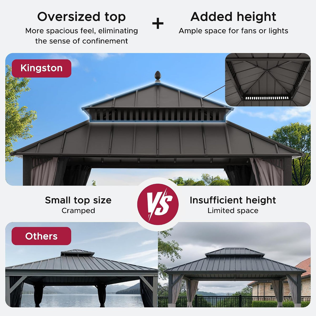 SUNJOY Kingston 12' x 12' Hardtop Gazebo with Galvanized Steel Double Roof, Curtain and Netting, Brown Aluminum Posts Permanent Pavilion Gazebo for Garden, Patio, Deck, Lawn