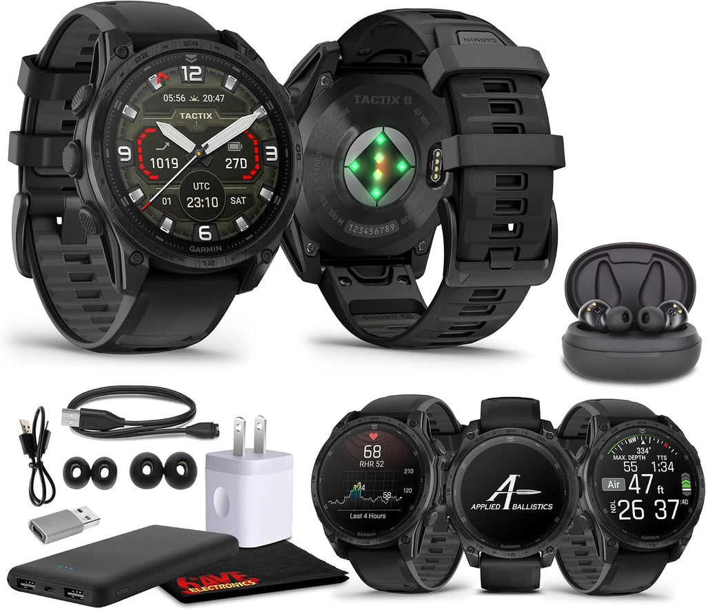 Garmin Tactix 8 47mm AMOLED Display Smart Watch, Built-in Flashlight, 16 Days Battery Life, Premium Tactical GPS Smartwatch, Includes Applied Ballistics Ultralight Solver Bundle with Earbuds and More