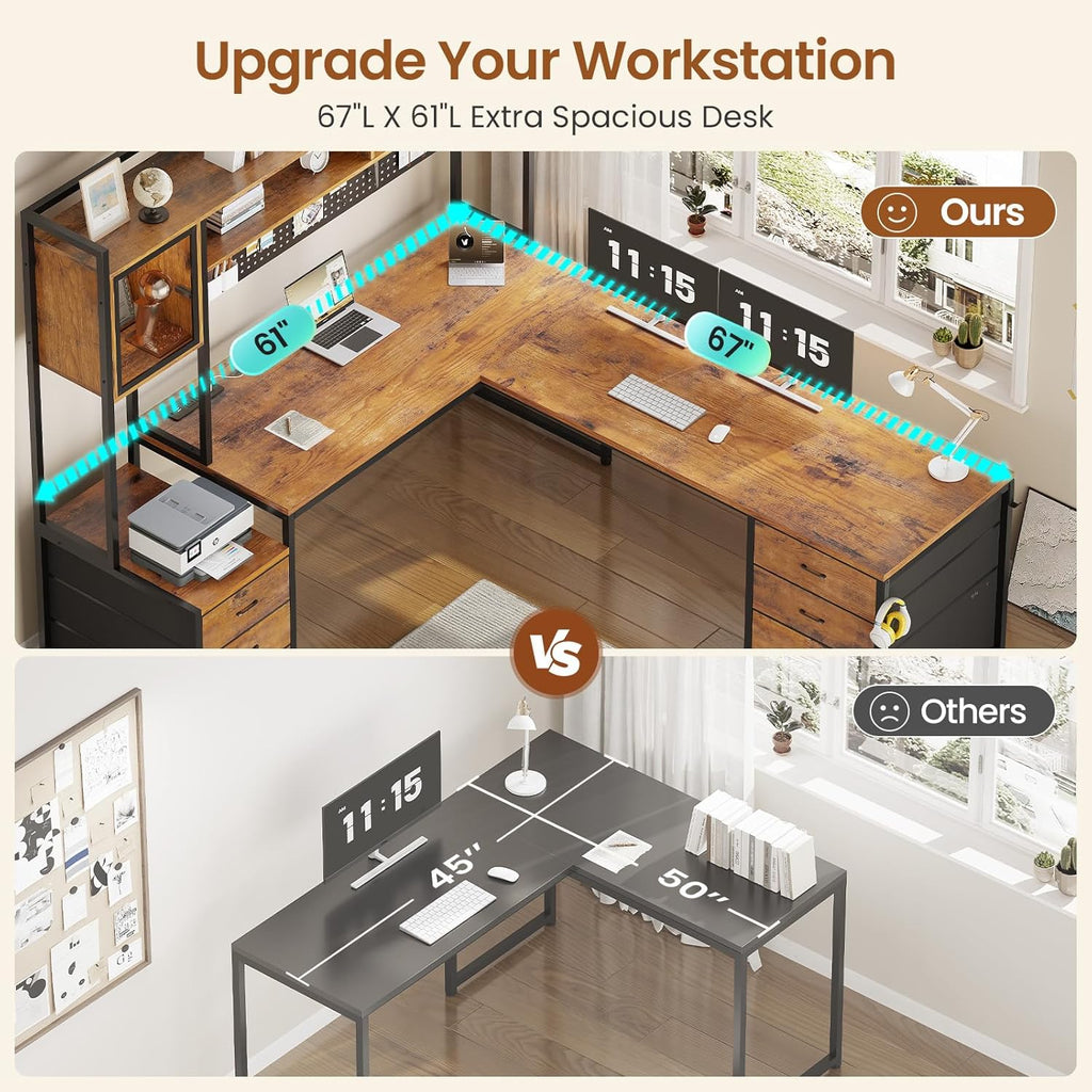 SEDETA L Shaped Gaming Desk with 6 Drawers, Reversible Computer Office Desk with File Drawer, Hutch, Storage Shelves, Gaming Corner Desk with Led Lights, Power Outlet for Two Person, Rustic Brown