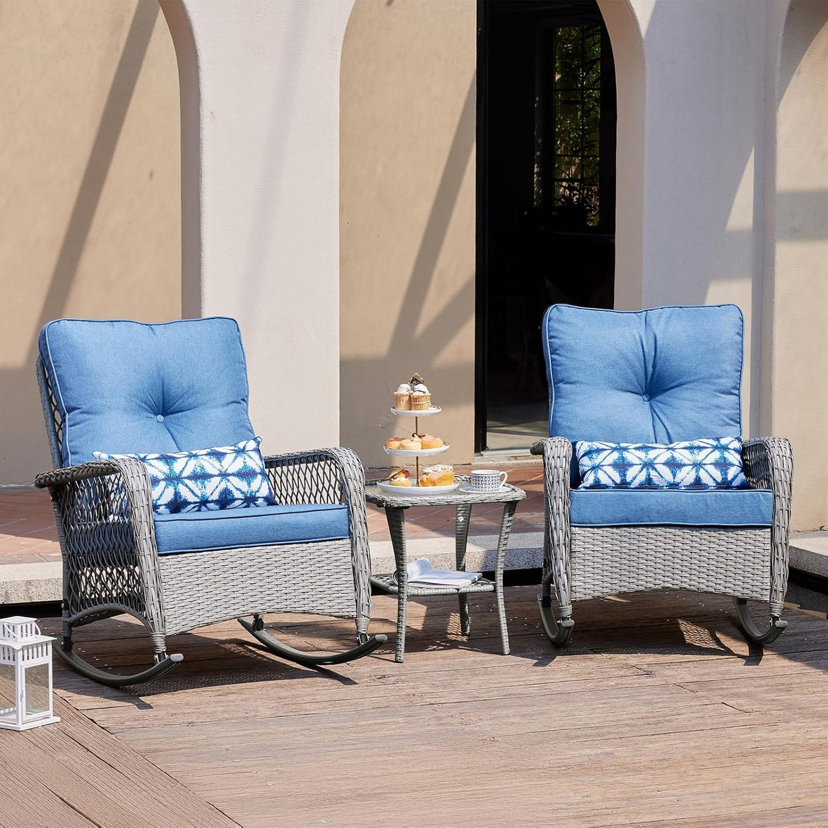 UDPATIO Rocking Chair Outdoor Set 2 with Coffee Table, 3 Piece Wicker Rocking Bistro Set with 4' Water-Resistant Cushions, Oversized, 350lbs Heavy-Duty, for Porch, Patio, Balcony, Grey/Blue