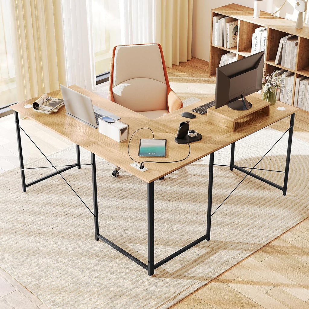 Tangkula L-Shaped Computer Desk with Power Outlets, 95' Long 2-Person Desk with Monitor Shelf, Modern Corner Desk Gaming Table with USB Ports for Home Office