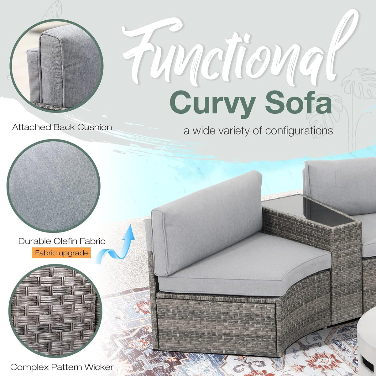 SUNSITT 12 Piece Patio Furniture Set with Propane Fire Pit Half-Moon Patio Set Outdoor Round Sectional Sofa with 36' Grey Gas Fire Table & Tank Holder, Grey Rattan