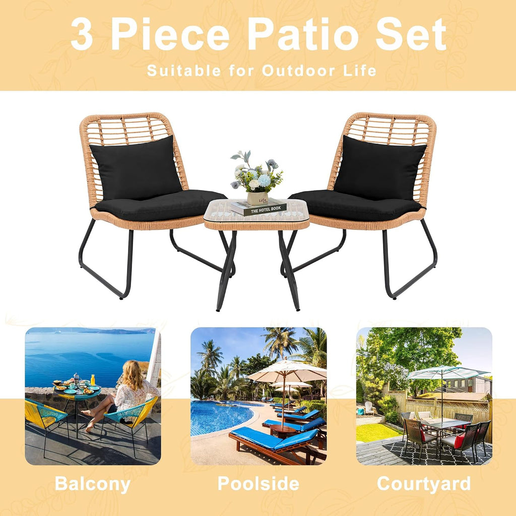 Tappio 3 Piece Outdoor Wicker Furniture Patio Bistro Set, Balcony Furniture Rattan Conversation Sets with Cushions, Wicker Patio Chairs Patio Furniture Set for Outdoor Poolside Garden