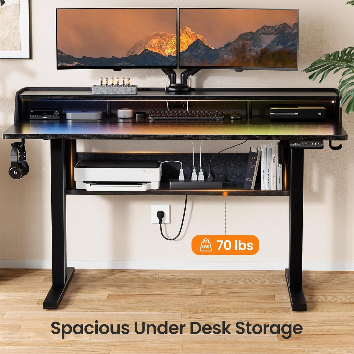ErGear Electric Standing Desk, 48x24 Inch Adjustable Sit Stand Desk with Bookshelf & Monitor Stand, Standing Gaming Desk with LED Light Strip, Stand Up Desk for Home Office, Black