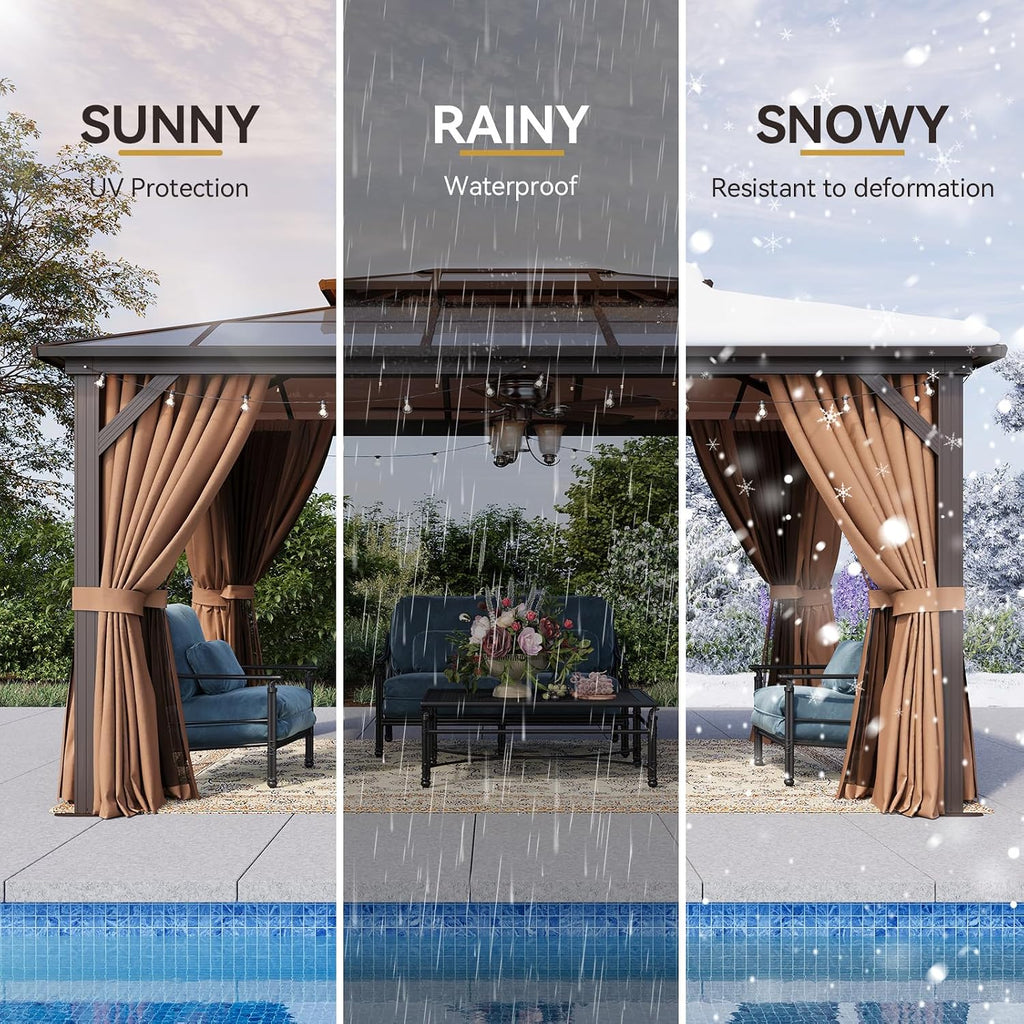 Aoxun 10'x14' Hardtop Gazebo, Outdoor Metal Gazebo with Double Polycarbonate Roof Canopy, Permanent Pavilion with Netting and Curtains for Lawn, Garden, Patio (Khaki)