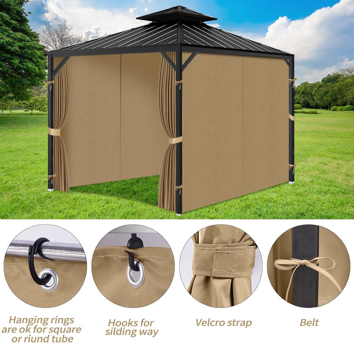 Gazebo Privacy Curtains 11' x 13' with Zipper 4-Panels Side Wall Universal Replacement for Patio, Outdoor Canopy, Garden and Backyard (Curtain Only)
