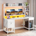 DWVO Computer Desk with Drawers & Hutch, 59.1' Office Desk with Power Outlets & LED Lights, Home Office Desk with Storage Shelves, White
