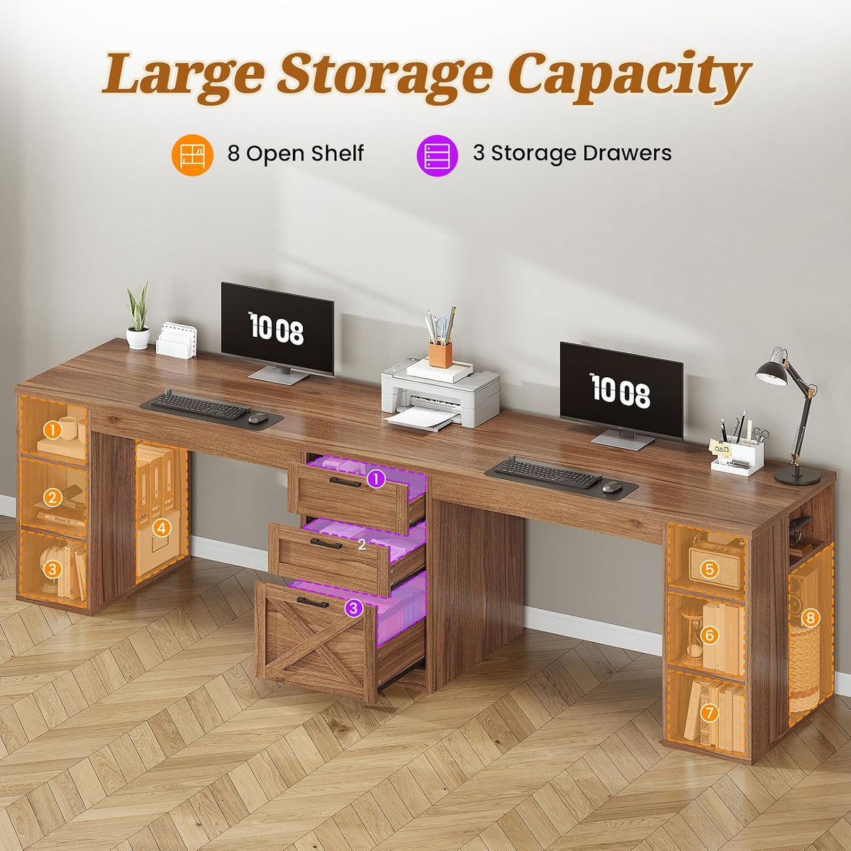 SEDETA Farmhouse 96.5' Computer Desk with Drawers, 2 Person Home Office Desk, Gaming Double Desk with Storage Shelves, Long Two Person Writing Desk, Brown
