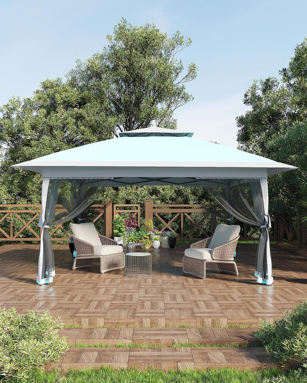 Canopy Tent 12x12 ft, Pop Up Gazebo One-Push Setup with 4 SandBags for Backyard Parties and BBQs, Mosquito Netting & Height Adjustable - Lake Blue