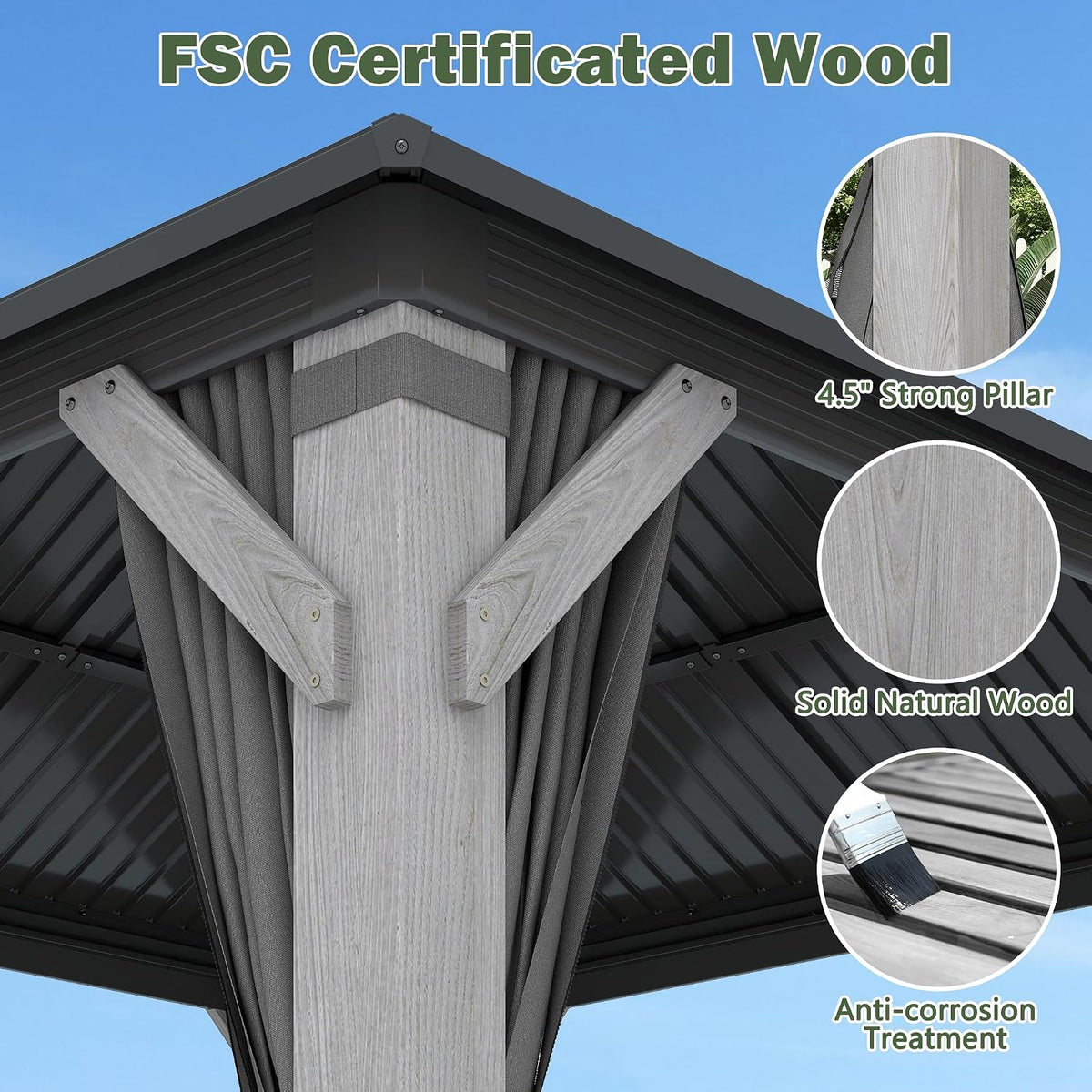 8.5'x8.5' Hardtop Wood Gazebo, Outdoor Double Roof Galvanized Steel Top Gazebo with Wooden Post, Curtains & Netting for Backyard, Patio, Deck (8.5x8.5 FT)