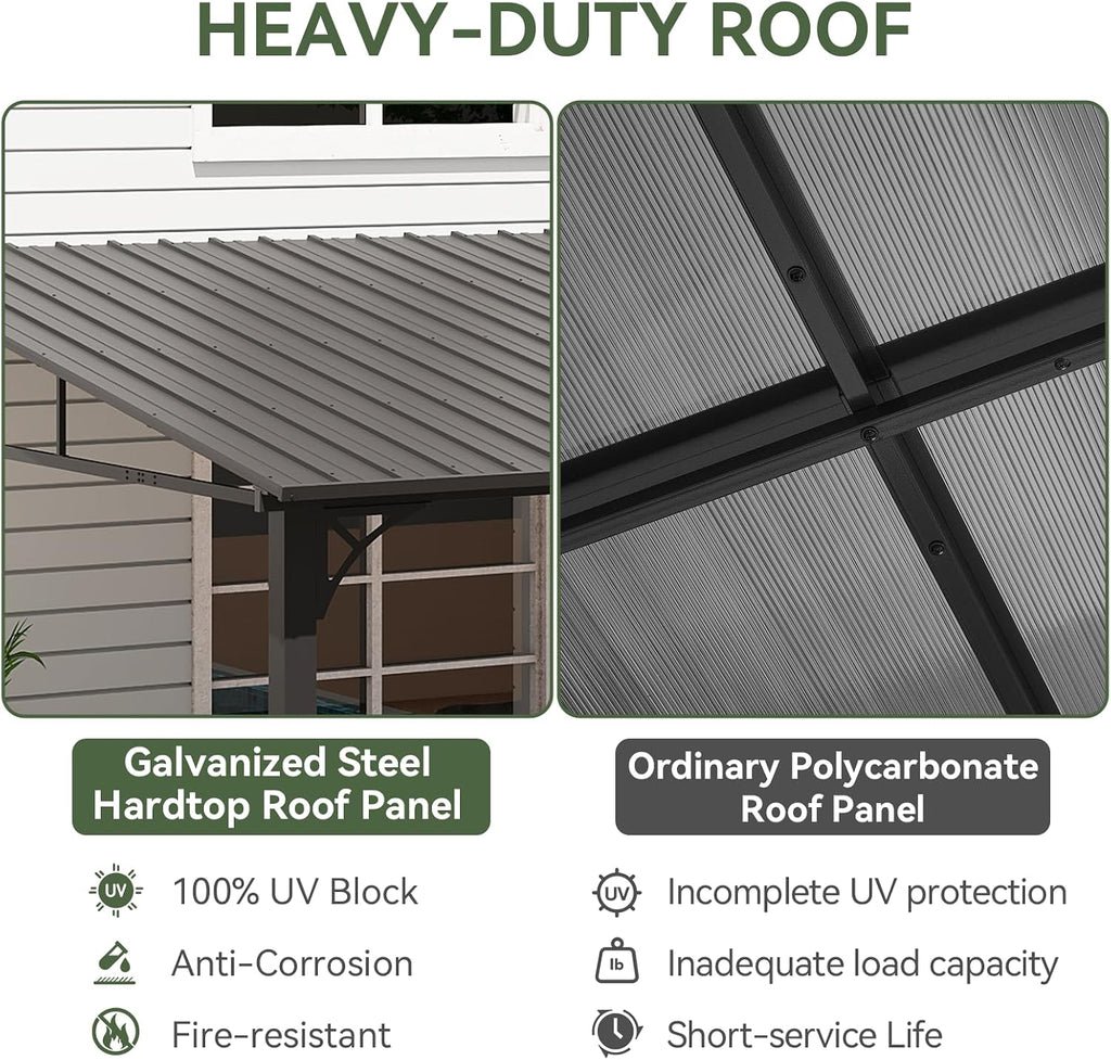 Aoxun 10' x 14' Lean to Gazebo, Upgraded Hardtop Outdoor Pergola with Sloping Galvanized Steel Roof, Large Wall-Mounted Heavy Duty Awnings for Patio, Backyard, Deck, Porch (Black)