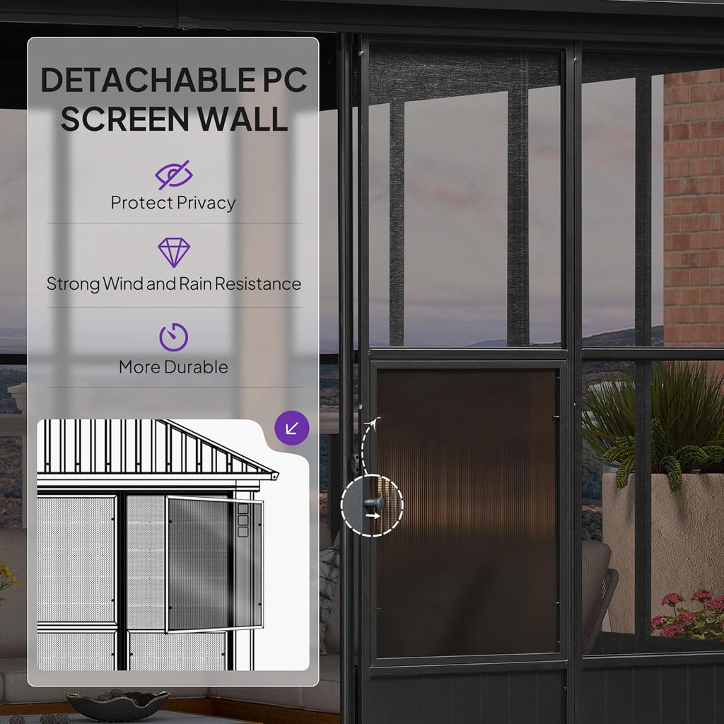 PURPLE LEAF Hardtop Gazebo Sunroom 10' x 13', Enclosed Patio Solarium with Mesh & Removable PC Panels, Magnetic Sliding Doors Outdoor Living Space for Backyard Lounge, Dining & Spa and 24 Solar Lights