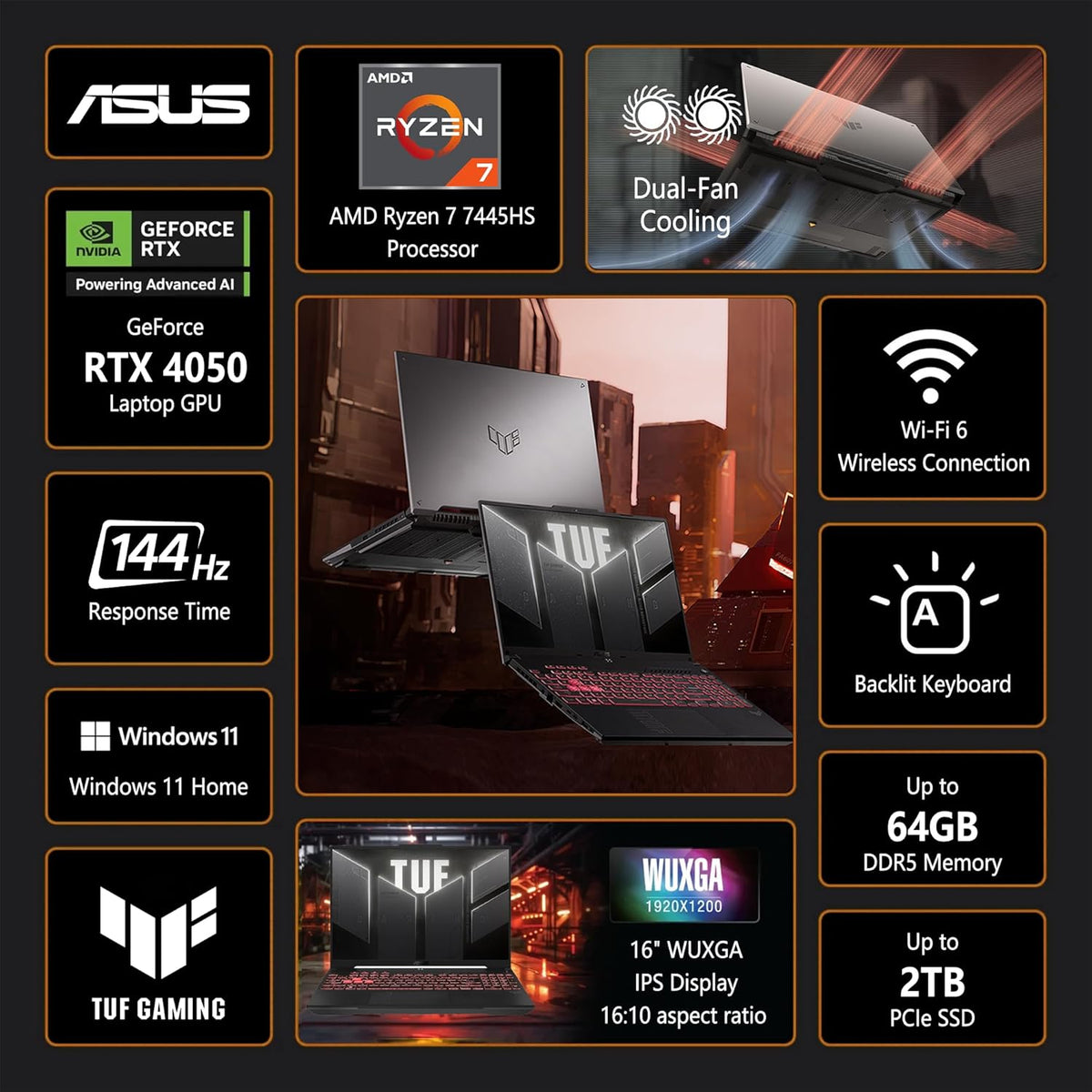 ASUS TUF A16 Gaming Laptop | 16' WUXGA IPS 144Hz | AMD 6-Core Ryzen 7 7445HS | 16GB DDR5 512GB SSD | NVIDIA GeForce RTX 4050 (194 AI Tops) | Backlit Keyboard USB 4 Wi-Fi 6 Win11 w/DLCA Accessory