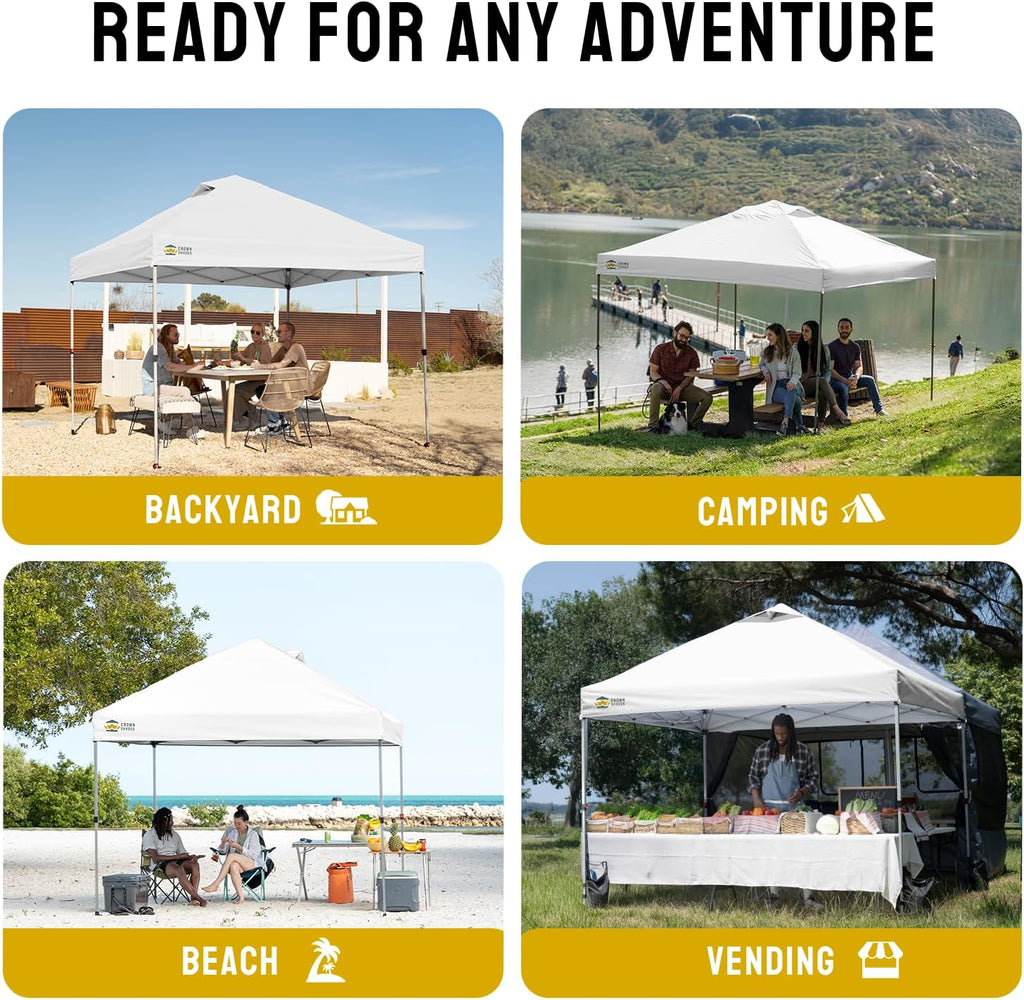 CROWN SHADES 10x10 Pop Up Canopy, Patented Center Lock One Push Tent Canopy, Newly Designed Storage Bag, 8 Stakes, 4 Ropes (10x10, White)