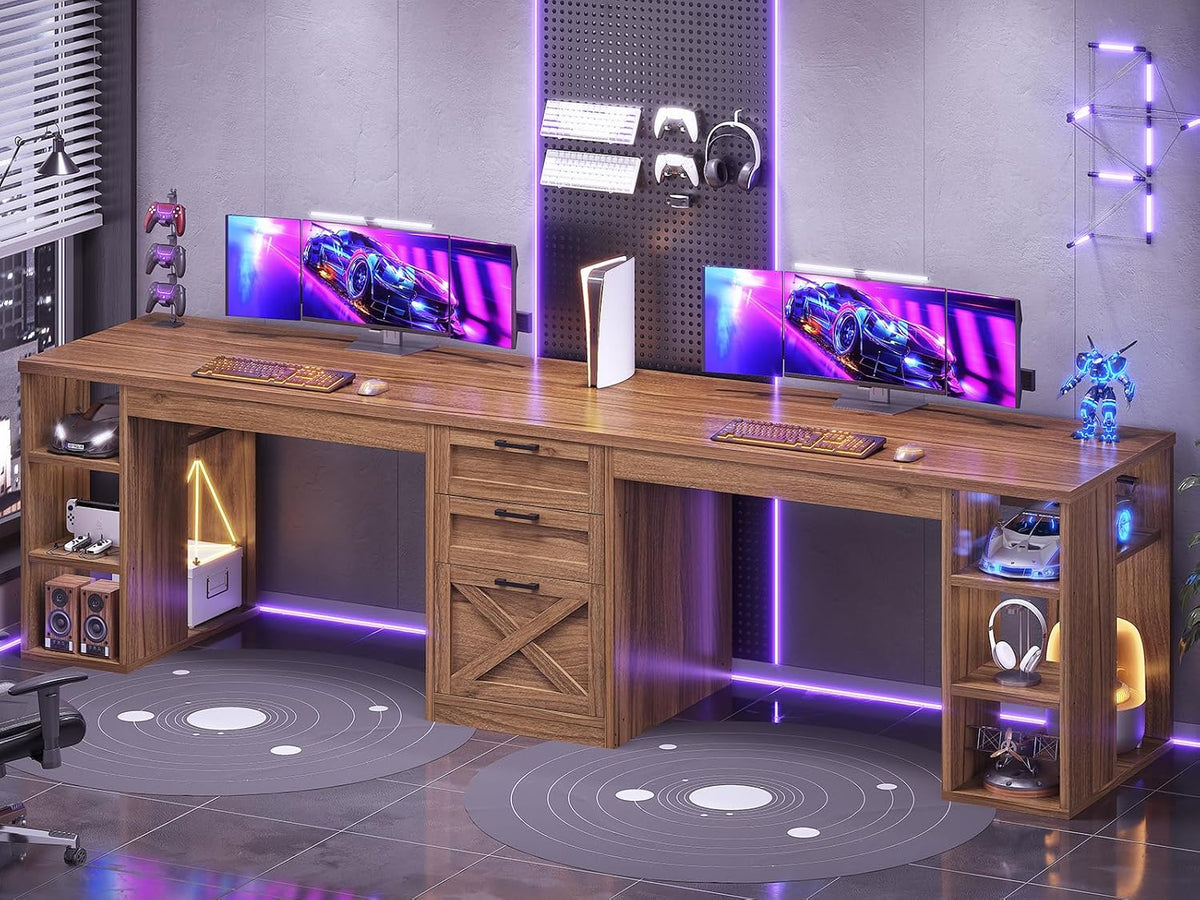 SEDETA Farmhouse 96.5' Computer Desk with Drawers, 2 Person Home Office Desk, Gaming Double Desk with Storage Shelves, Long Two Person Writing Desk, Brown