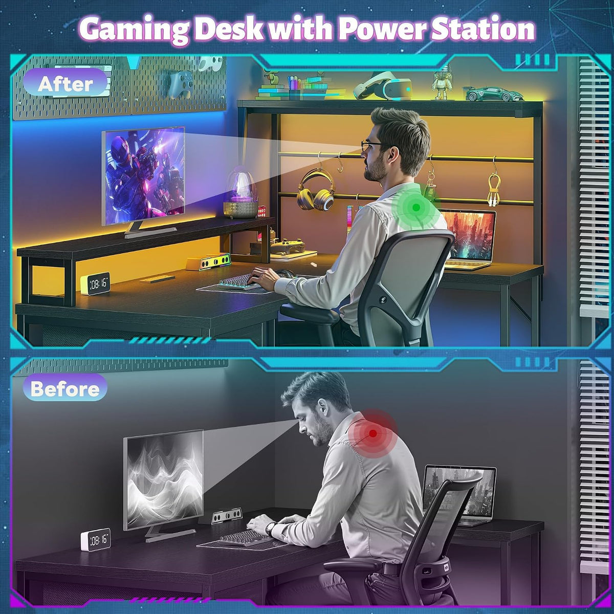 EnHomee 53 inch L Shaped Gaming Desk with LED Lights & Power Outlets, Reversible Corner Desk with Monitor Stand, Computer Desk with Shelf and Drawers for Home Office Writing, Study & Gaming, Black