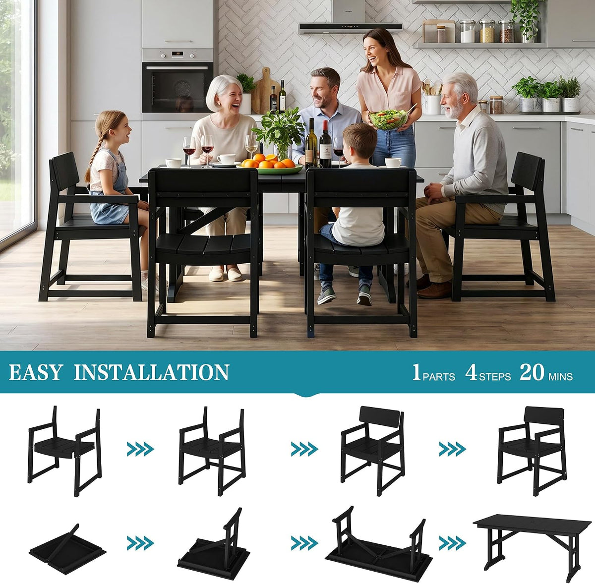 Vongrasig 7 Pieces Patio Dining Set, All Weather Outdoor HDPE Dining Furniture Set with Table and Chairs for 6, Patio Furniture Set with Umbrella Hole for Lawn, Backyard, Poolside, Black