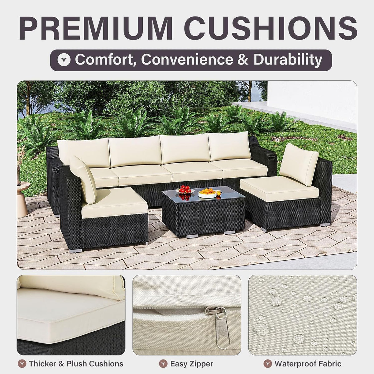 7-Piece Outdoor Patio Furniture Set – Handwoven All-Weather Rattan & 4' Thick Waterproof Cushions, Wicker Outdoor Conversation Sets with Coffee Table for Deck, Backyard, Garden, 2026, Black/Beige