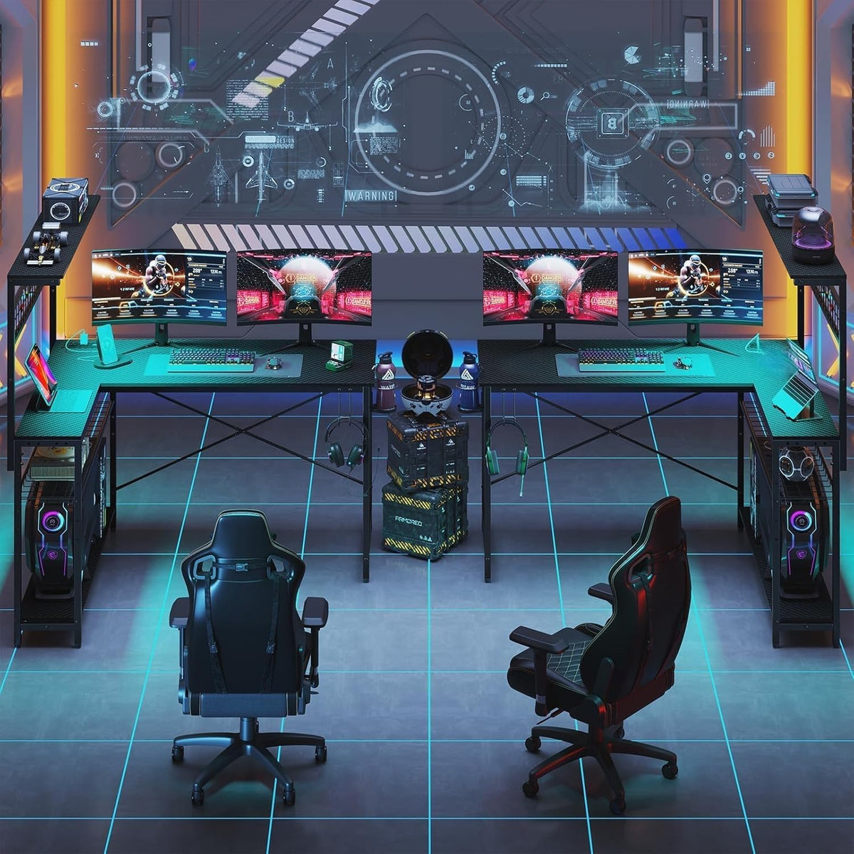 Bestier Gaming Desk 51' L-Shaped, with Power Outlets & LED Lights- 4 Tier Shelves, Reversible Gamer Table with Hooks & Cup Holder for Home Office Carbon Fiber Black
