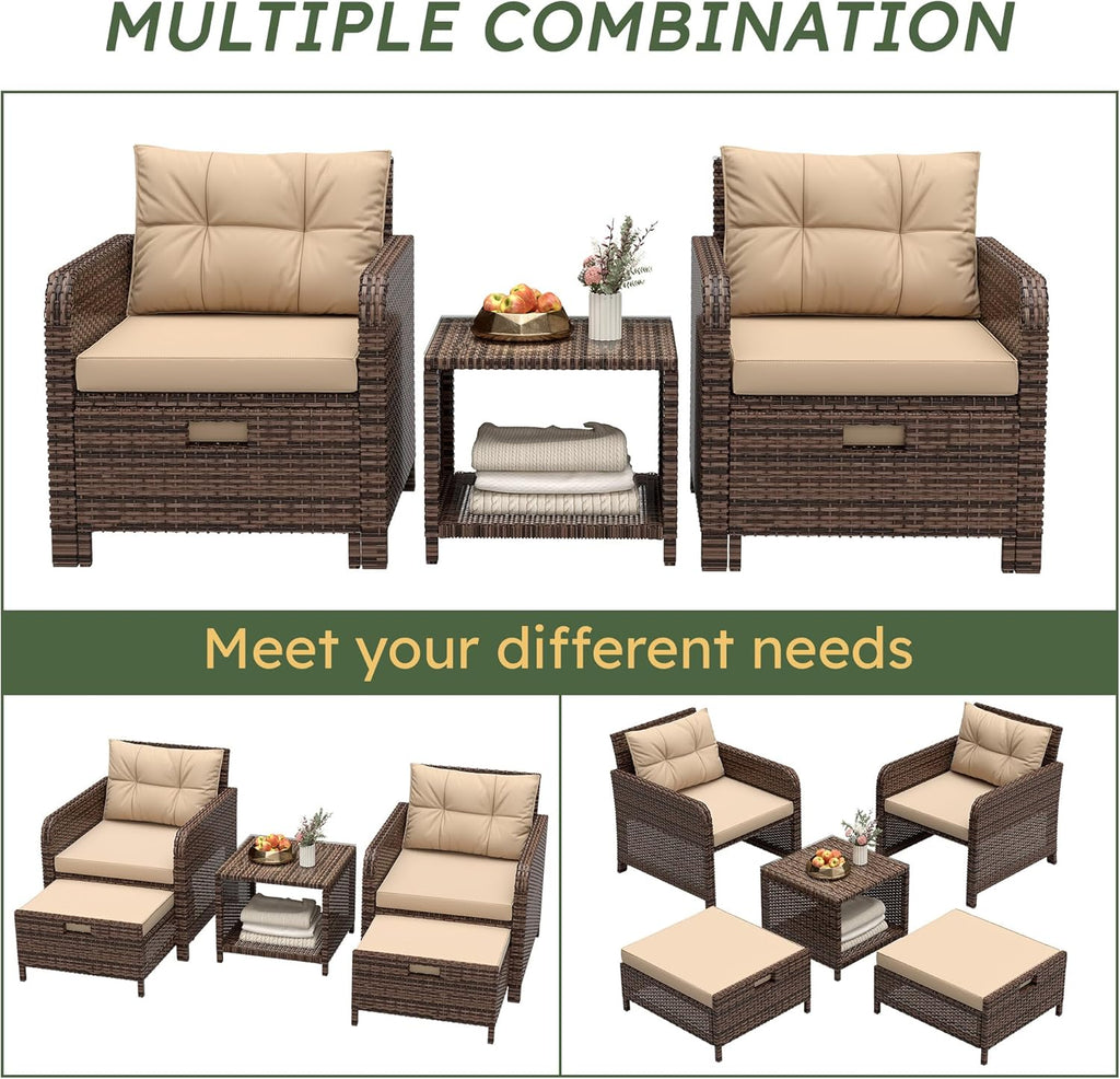 LHBcraft Balcony Furniture 5 Piece Patio Furniture Set, PE Rattan Patio Chairs Conversation Set with Soft Cushions 2 Ottoman & Table for Porch, Lawn, Garden, Beige
