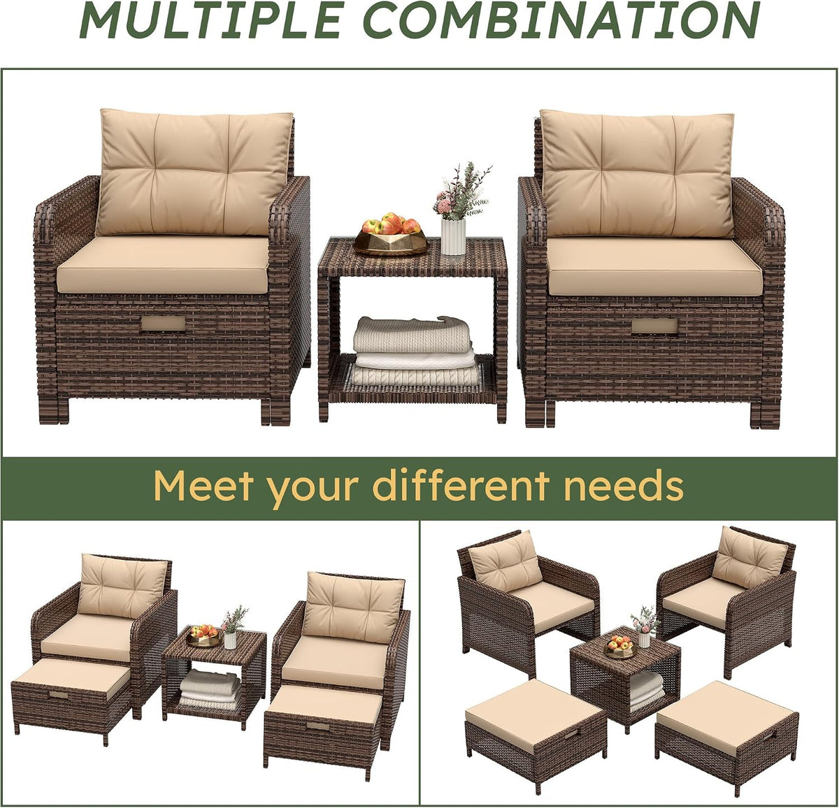 LHBcraft Outdoor Furniture 5 Piece Patio Conversation Set, PE Rattan Patio Set with Soft Cushions & Coffee Table, Outside Furniture with Hidden Ottoman for Porch, Lawn, Garden, Balcony, Brown
