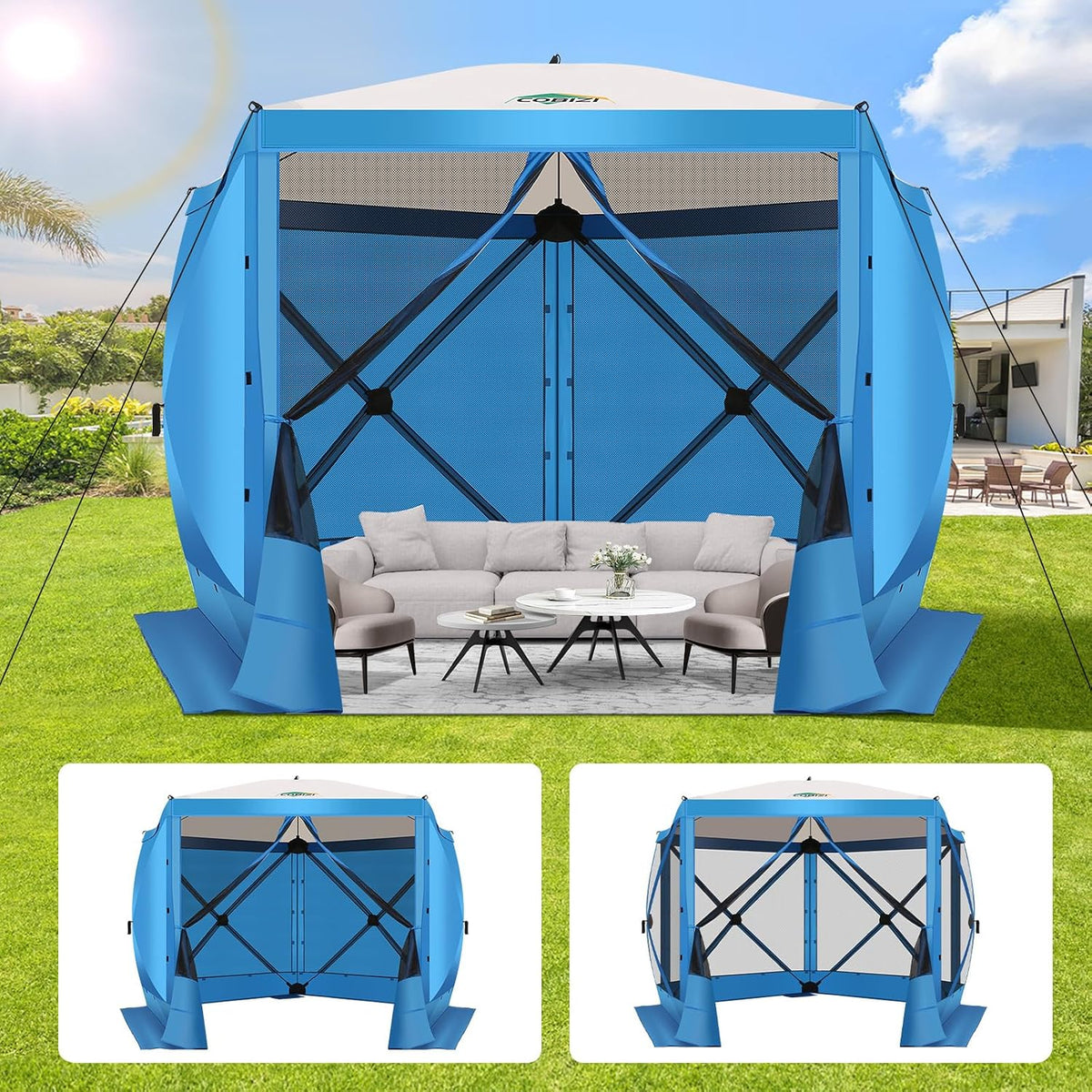 COBIZI 10x10 Pop Up Gazebo Screen Tent Screen House for Camping, Screen Room with Mosquito Netting, Hub Tent Instant Screened Canopy with Carrying Bag and Ground Stakes, Blue