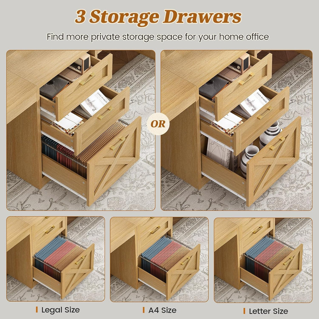 SEDETA Farmhouse 96.5' Computer Desk with Drawers, 2 Person Home Office Desk, Gaming Double Desk with Storage Shelves, Long Two Person Writing Desk, Oak