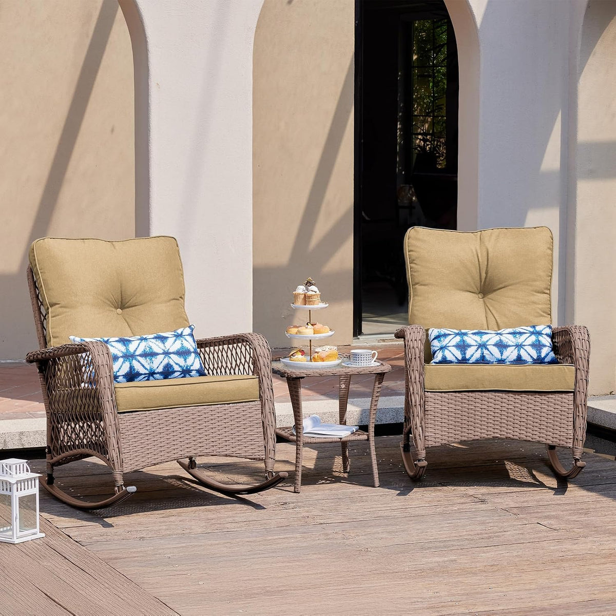 UDPATIO Rocking Chair Outdoor Set 2 with Coffee Table, 3 Piece Wicker Rocking Bistro Set with 4' Water-Resistant Cushions, Oversized, 350lbs Heavy-Duty, for Porch, Patio, Balcony, Brown/Khaki