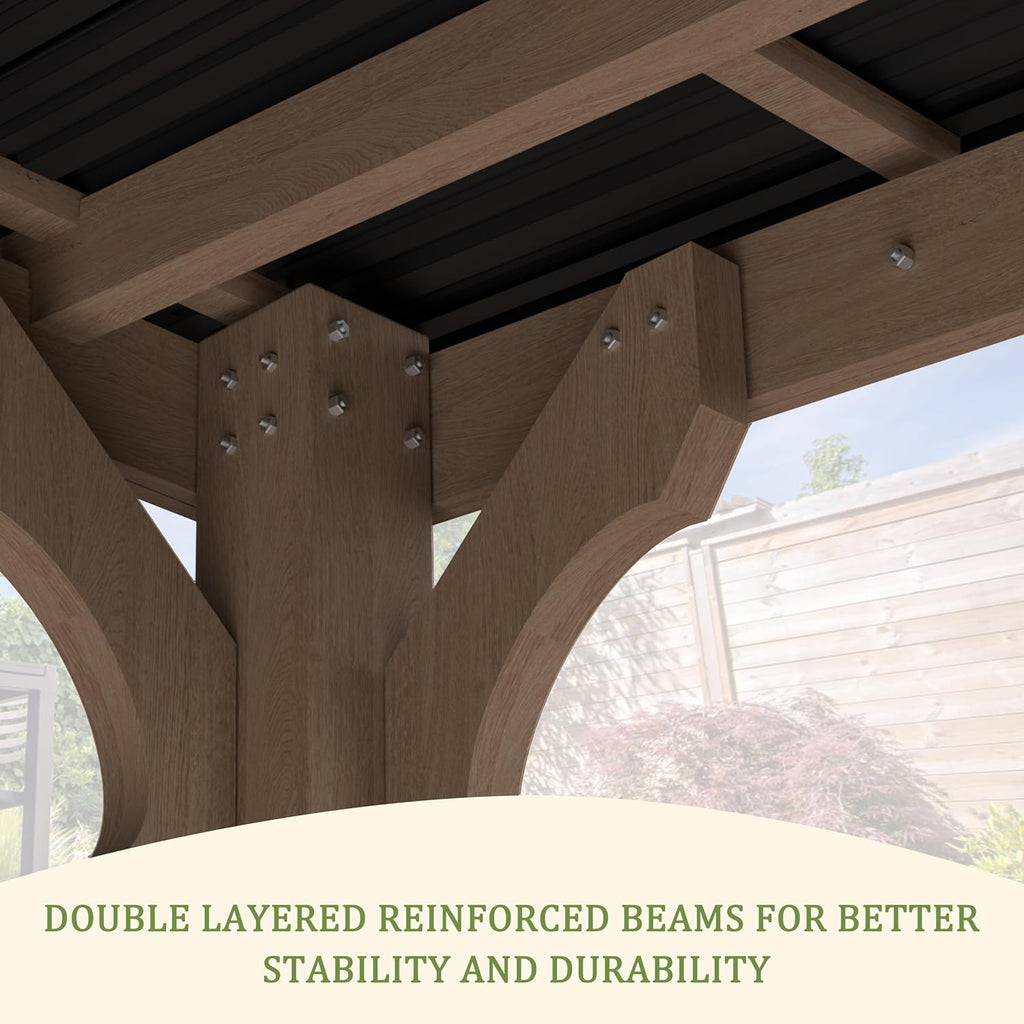 Yardenaler 10 x 12 FT Outdoor Wooden Grill Gazebo with 5.5' Width Wood Posts, Rainwater Drainage, BBQ Gazebo with Sloping Metal Roof for Barbecue, Backyard, Garden, Light Mocha Brown