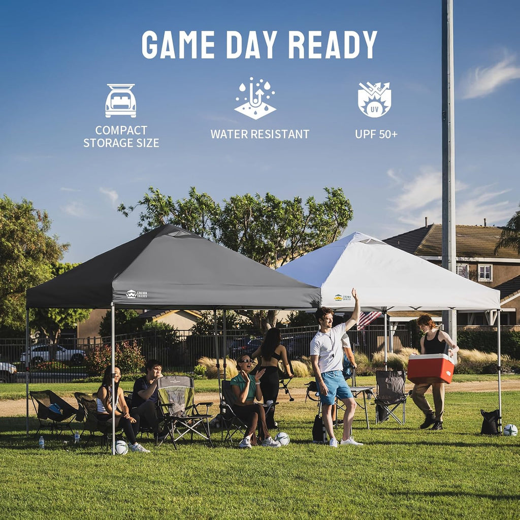 CROWN SHADES 10x10 Pop Up Canopy - Beach Tent with One Push Setup - Easy Outdoor Sun Shade for Events, Parties, Camping - Gazebo with STO-N-Go Cover Bag, Silver Coated Top, Black