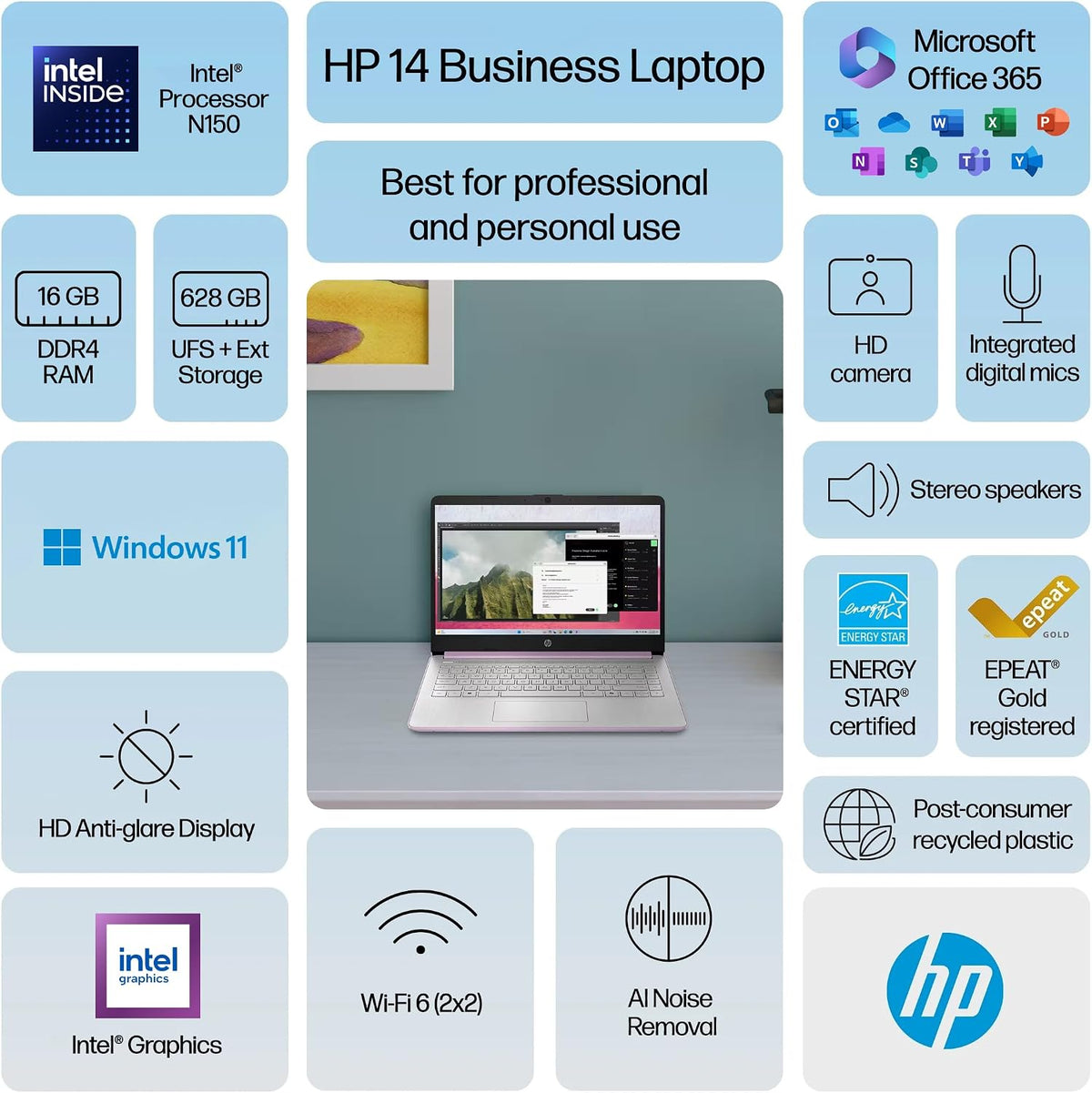 HP 14 Laptop Student Business 2025 Flagship Computer, AI Copilot, 4-Core 13th Gen Intel CPU, 16GB RAM 628GB Storage (128GB UFS+500GB Ext) 1-Yr Office 365 Long Battery HubxcelAccessory Win 11S Lavender