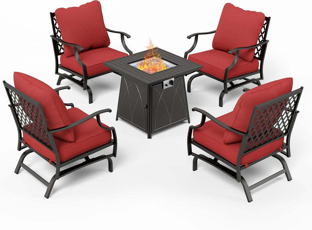 MIXPATIO Patio Furniture Set with Fire Pit Table, 5 Pcs Metal Outdoor Conversation Set, 4 Rocking Chairs with 5.75' Extra Thick Cushion and 28' Fire Pit Table for Backyard Deck, Red