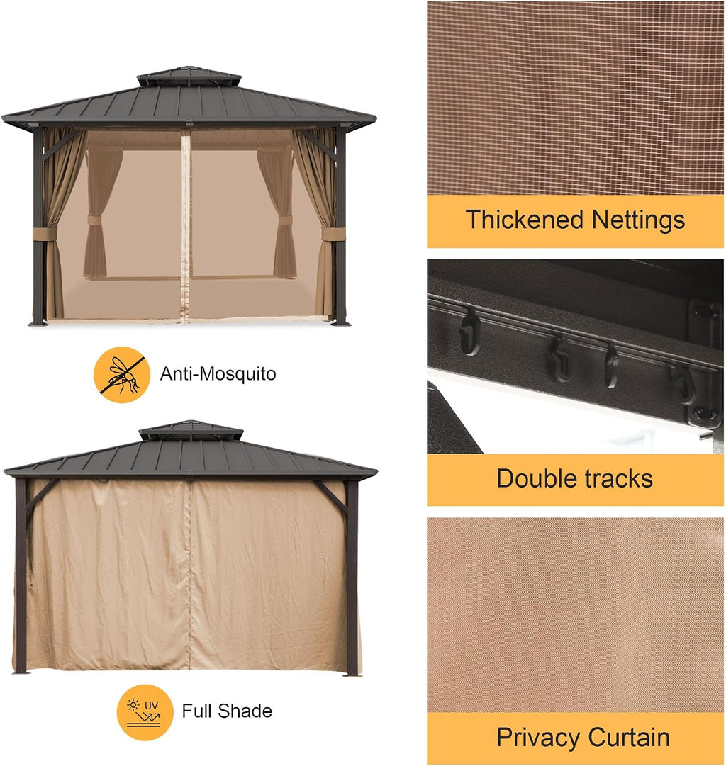 10 'x 14' Hardtop Gazebo, Outdoor Aluminum Patio Gazebo Double Roof Galvanized Steel Canopy with Netting and Curtains for Garden, Patio, Backyard, Deck and Lawns