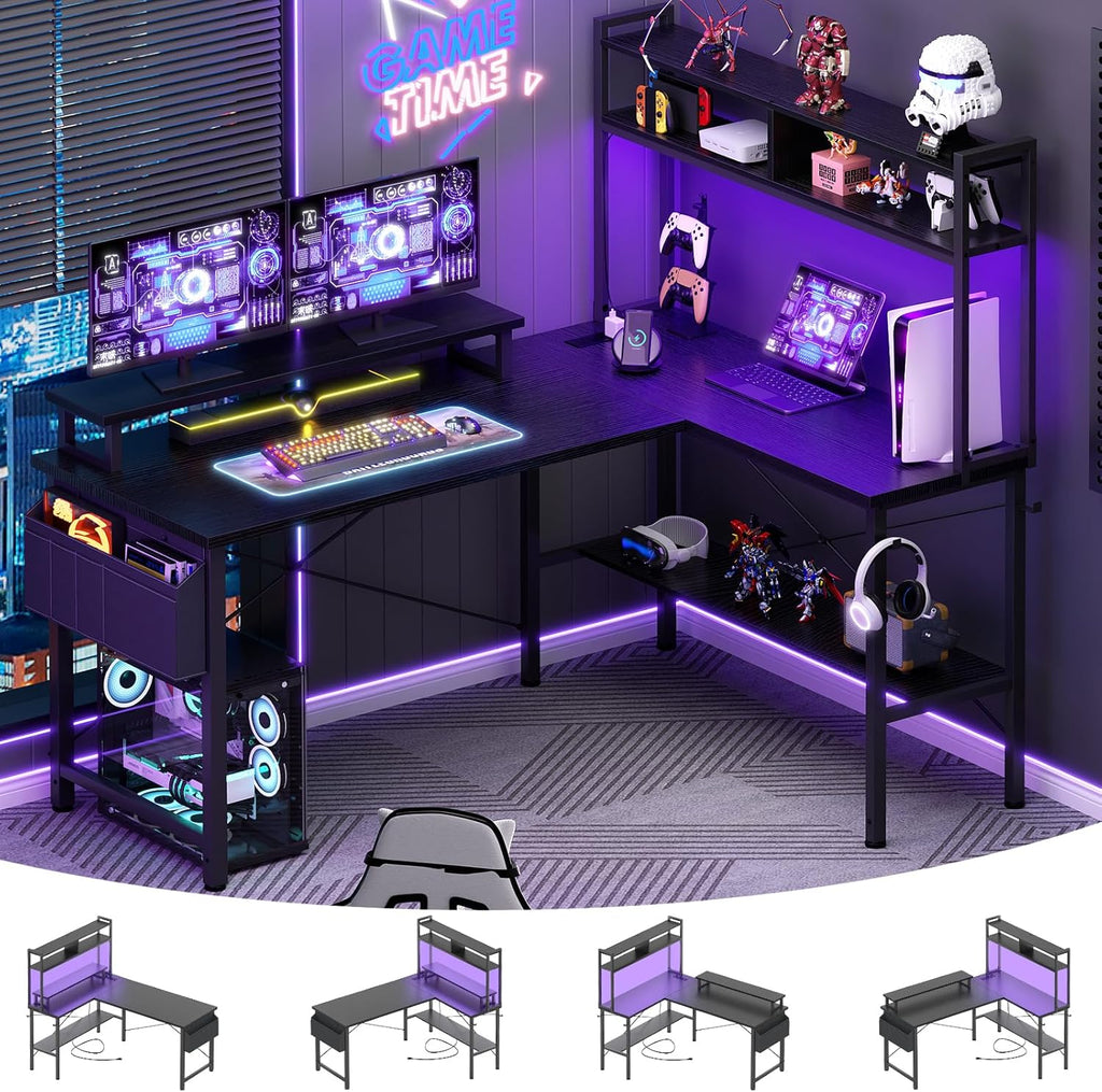 Aheaplus L Shaped Gaming Desk with Power Outlets & LED Lights, Small L- Shaped Desk Computer Corner Desk with Monitor Stand & Storage Shelf, Home Office Desk Writing Desk with Storage Bag, Black