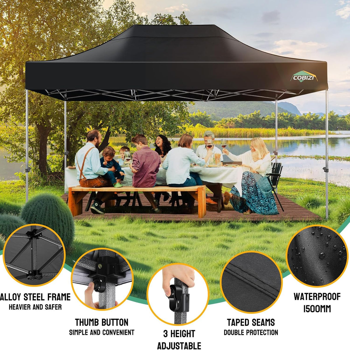 COBIZI 10x15 Heavy Duty Pop Up Canopy Tent with 4 Sidewalls Thicken Frame, Commercial Easy Up Outdoor Wedding Party Tents, All Season Waterproof Windproof with Stakes Sandbags Ropes Bag, Black