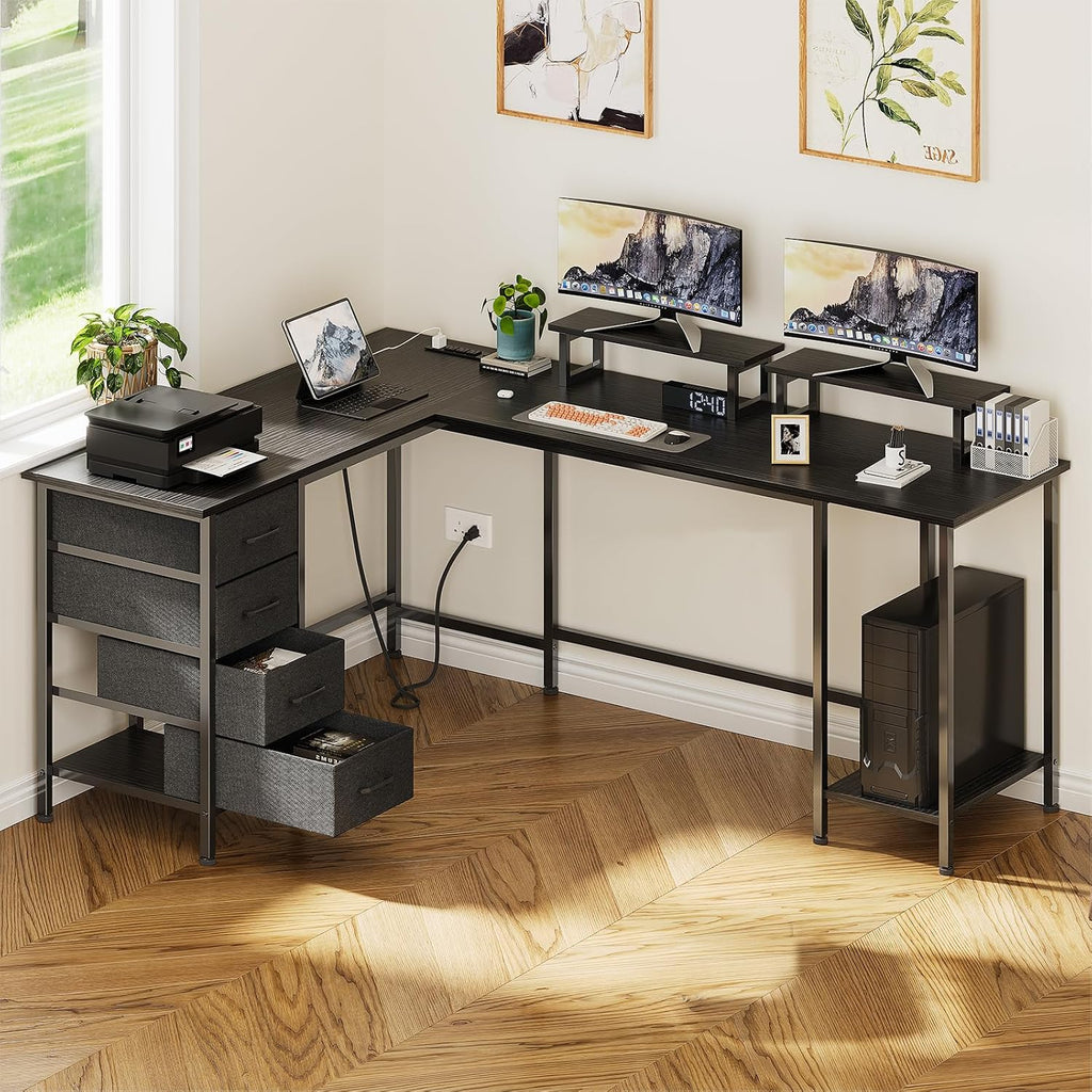 Korfile 66' L Shaped Computer Desk, 94.4'' Home Office Desk with Power Outlets, 4 Adjustable Storage Drawers & 2 Monitor Stands, Large Two Person Gaming Table for Writing Study, Black