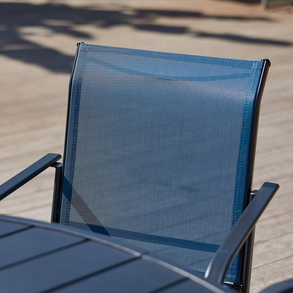 VICLLAX Outdoor Set for 2, Small Patio Table and Chairs Set of Stackable Patio Sling Chairs and Square Dining Table for Front Porch, Blue Fabric and Black Table