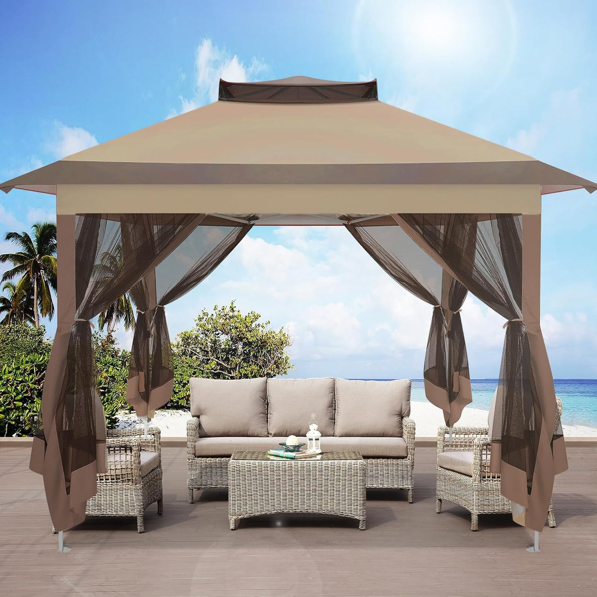 COBIZI 11x11 Pop Up Gazebo Canopy Tent Easy Up Outdoor Gazebo Waterproof Upgrade Portable Gazebo with Mosquito Nettings, Double Vented Roof and Carry Bag for Patio Garden(Brown)