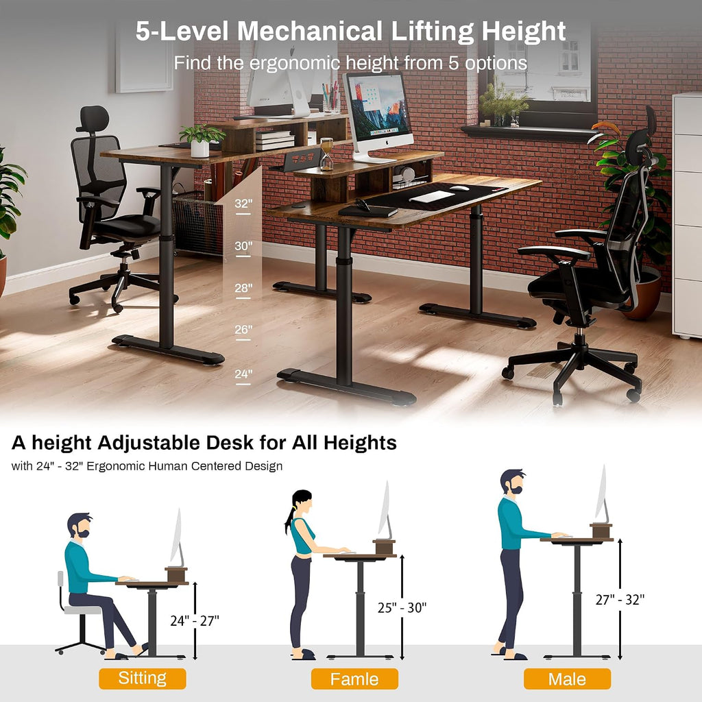 EUREKA ERGONOMIC 60 Inch Computer Desk Manual Adjustable Height Standing Desk, Home Office Desk with Monitor Stand Shelf Led Lights Strips, Computer Desk with Dual 2 Monitor Mouse Pad, Brown