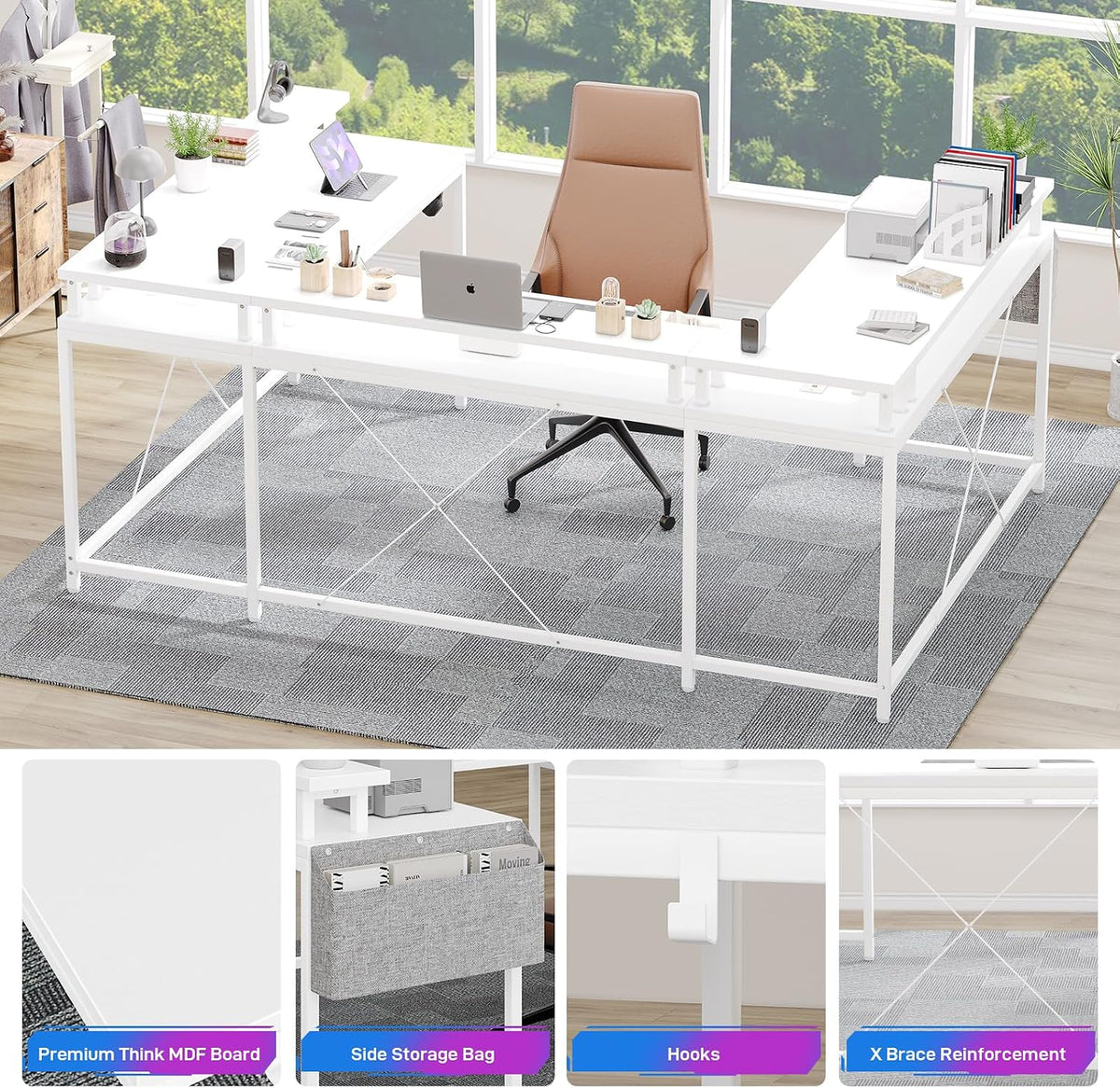 Jojoka U Shaped Computer Gaming Desk, Reversible L Shaped Desk with Power Outlets, LED Strip & Monitor Stand, Large Corner Desk with Storage Shelves for Home Office, White