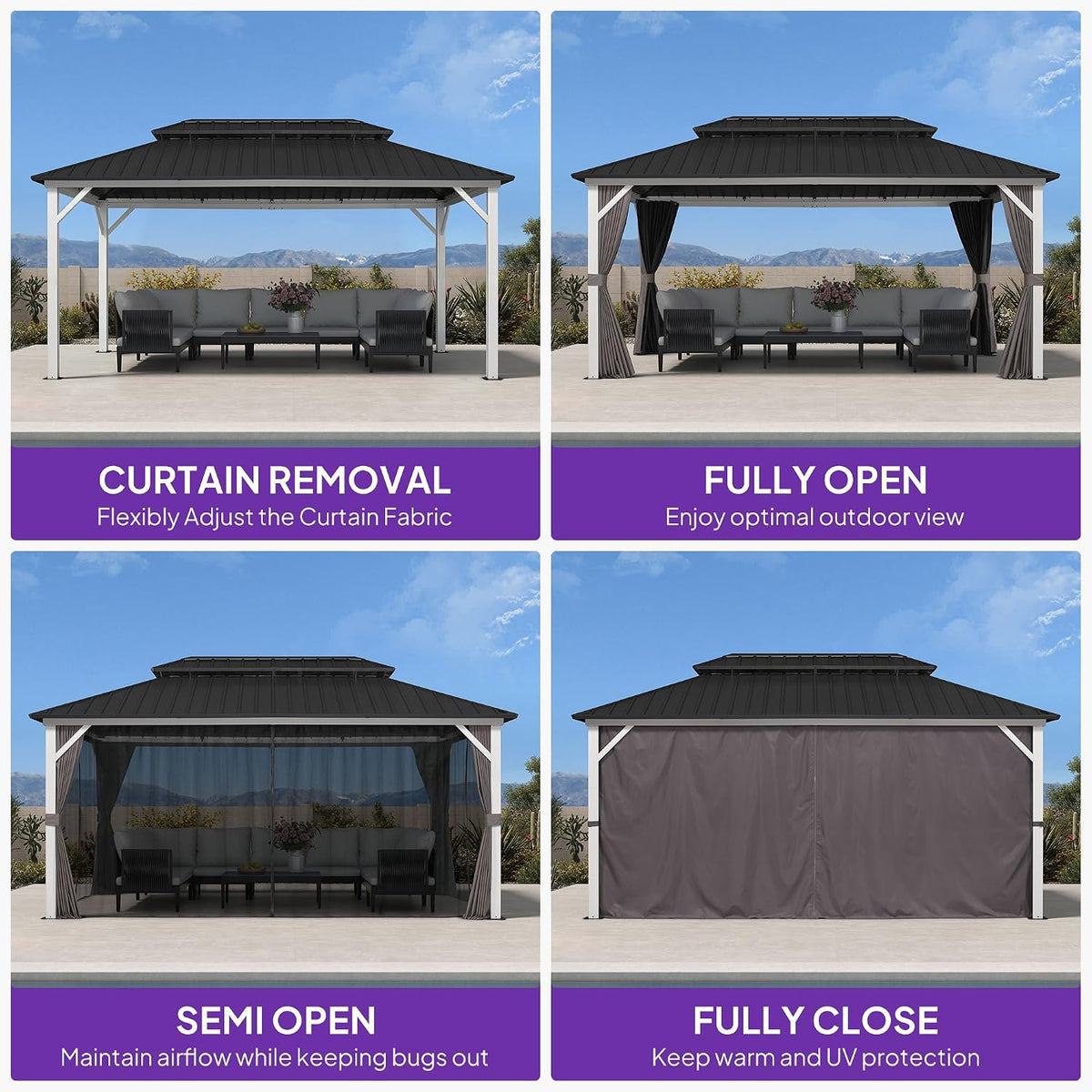 PURPLE LEAF 10' X 16' Hardtop Gazebo Metal Double Roof White Aluminum Frame Outdoor Heavy Duty Gazebo with Curtain and Netting for Patio Garden and Backyard, Grey